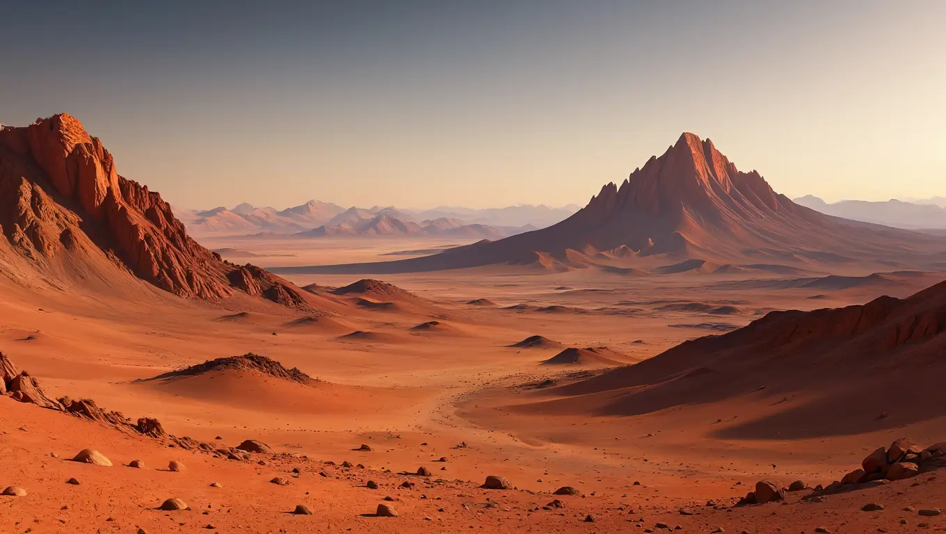Vue d’un paysage martien avec montagnes, dunes et sol rouge sous un ciel clair.