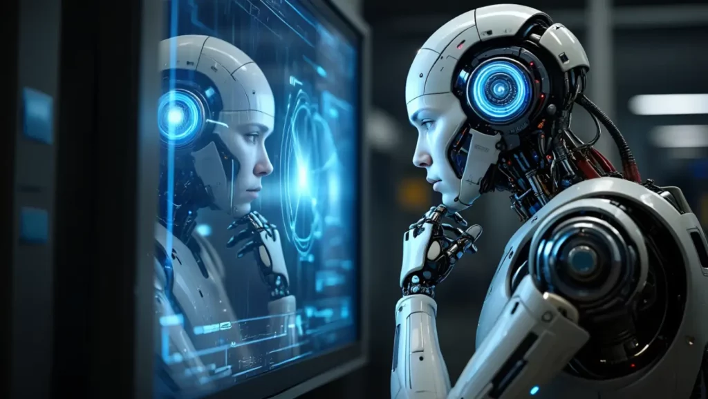 Un robot humanoïde observe son reflet sur un écran numérique interactif