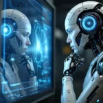 Un robot humanoïde observe son reflet sur un écran numérique interactif