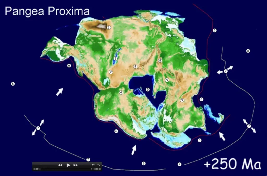 Carte géologique représentant la Pangée Proxima dans 250 millions d’années