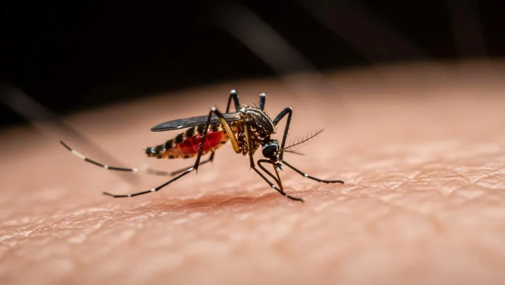 Moustique en train de piquer la peau d’une personne, gros plan montrant son abdomen rempli de sang.