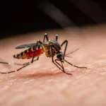 Moustique en train de piquer la peau d’une personne, gros plan montrant son abdomen rempli de sang.