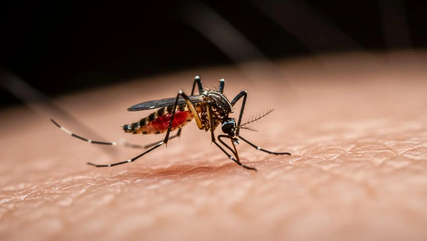 Moustique en train de piquer la peau d’une personne, gros plan montrant son abdomen rempli de sang.