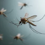 Gros plan sur un moustique en plein vol, symbole des recherches scientifiques sur son comportement nocturne.