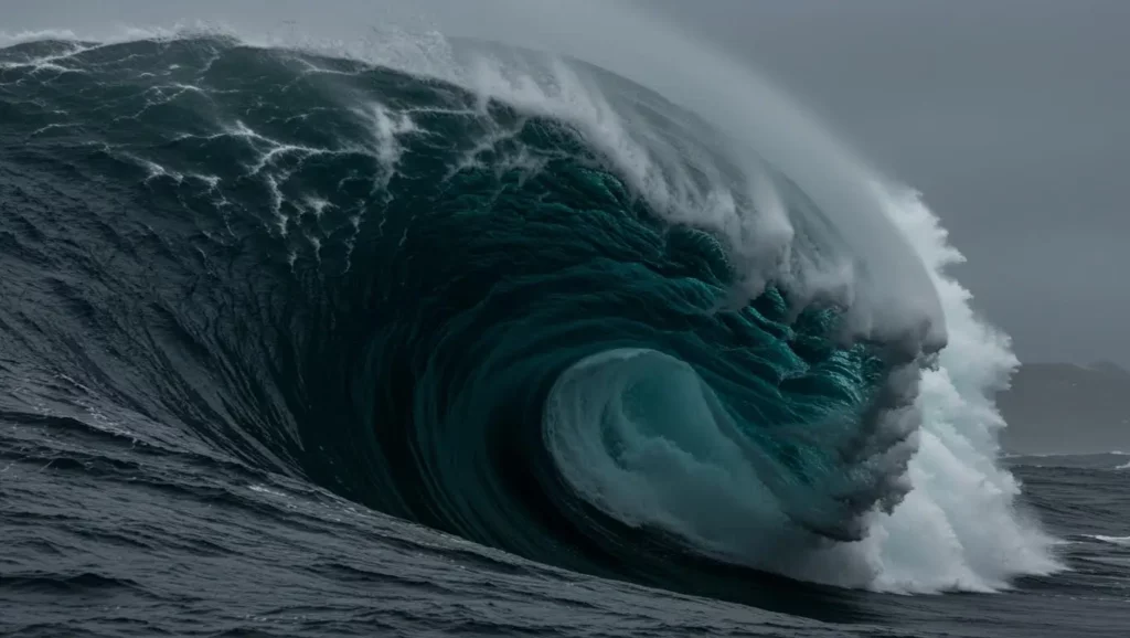 Vague scélérate géante formant un mur d’eau en pleine mer, illustrant la puissance et l’imprévisibilité des océans.