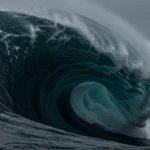 Vague scélérate géante formant un mur d’eau en pleine mer, illustrant la puissance et l’imprévisibilité des océans.
