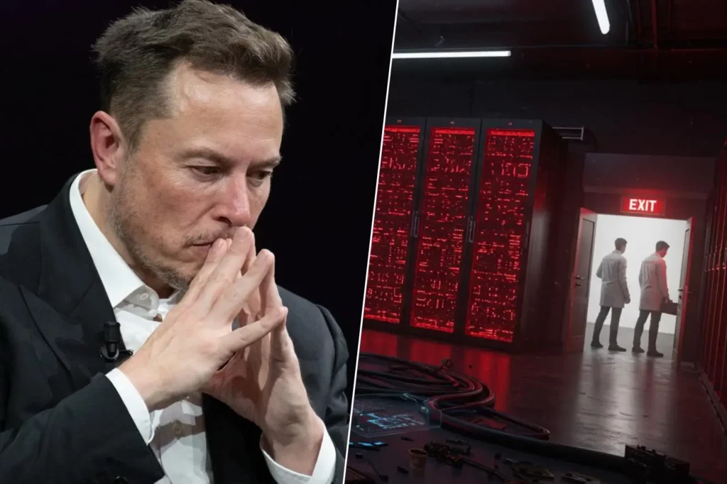 Elon Musk préoccupé et image d’un data center avec des ingénieurs quittant les lieux.