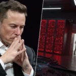 Elon Musk préoccupé et image d’un data center avec des ingénieurs quittant les lieux.