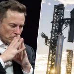 Elon Musk pensif à côté d’une fusée Starship sur son pas de tir.