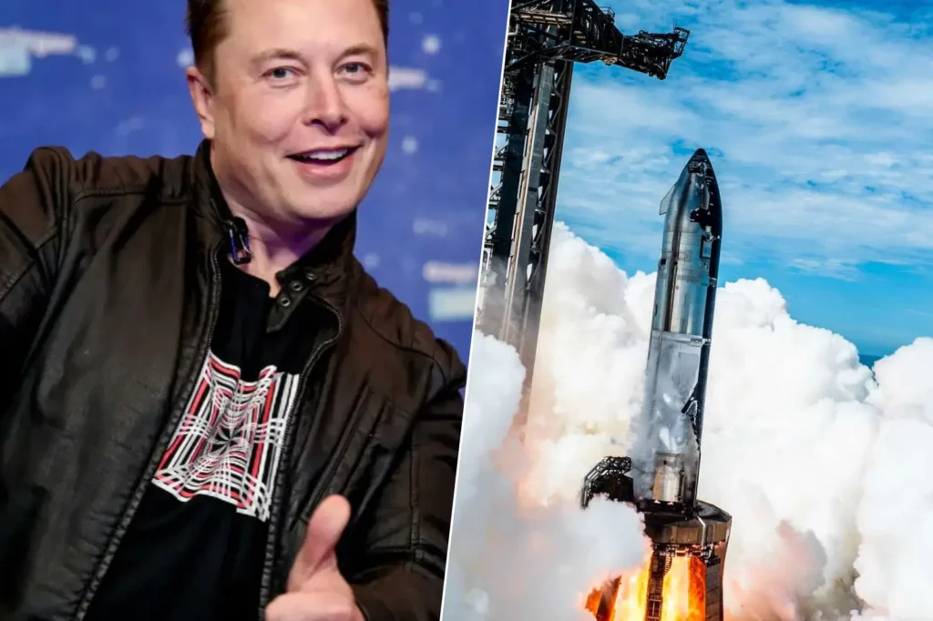 Elon Musk et fusée Starship au décollage lors d’une mission SpaceX.
