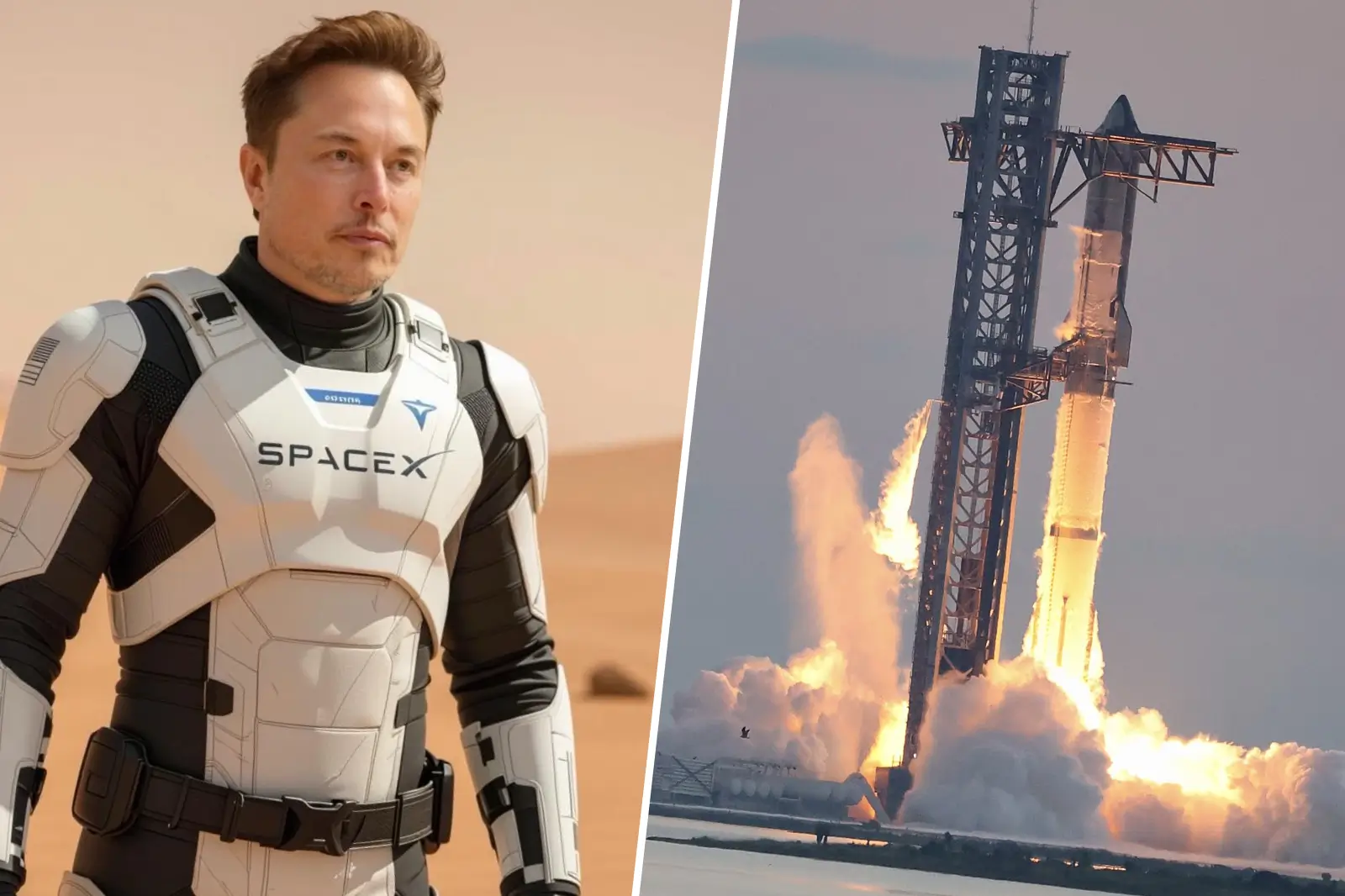 Montage avec Elon Musk en combinaison SpaceX et une fusée Starship au décollage, symbole de la conquête de Mars.