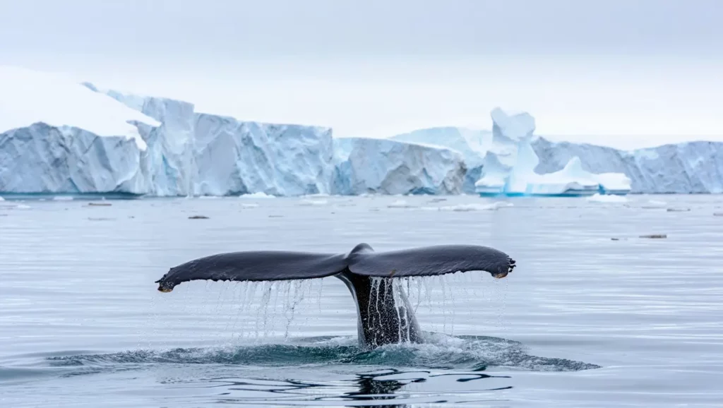 Queue de baleine émergeant des eaux glacées de l’Antarctique avec des glaciers en arrière-plan.