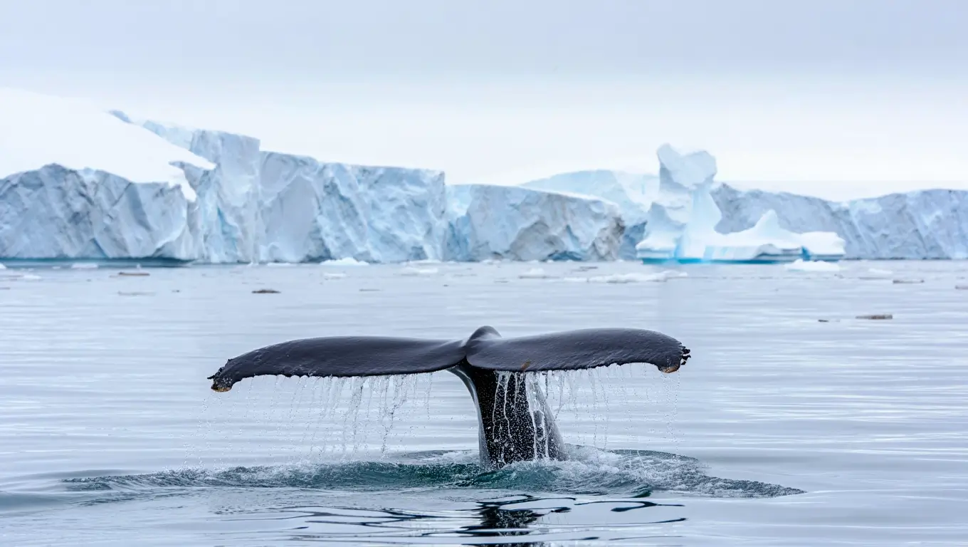 Queue de baleine émergeant des eaux glacées de l’Antarctique avec des glaciers en arrière-plan.