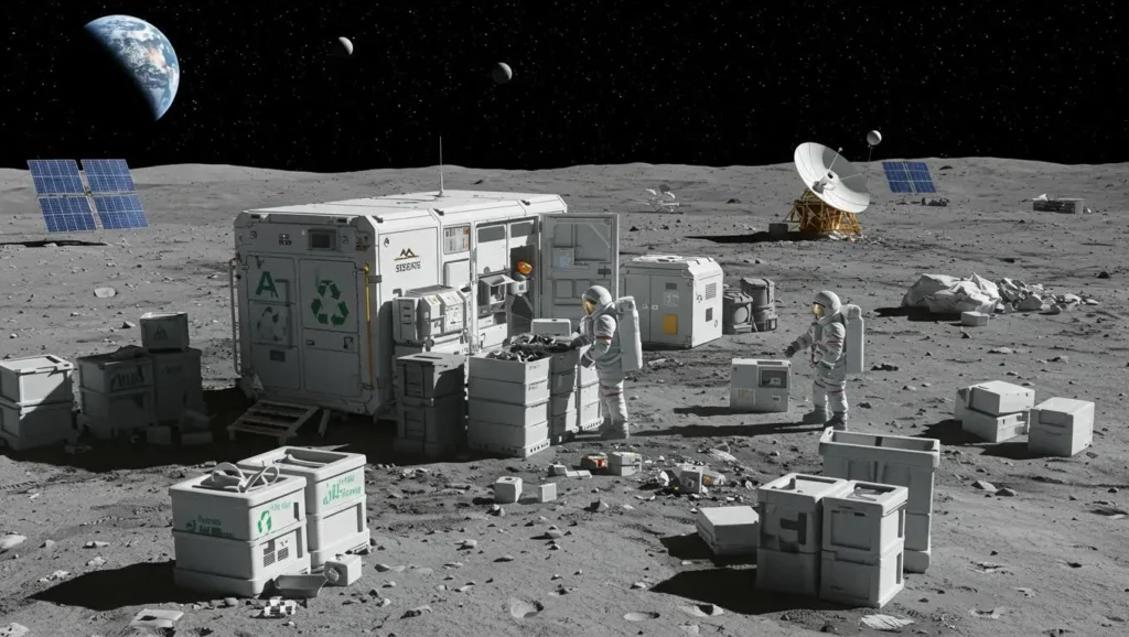 Astronautes de la NASA installant un module de recyclage sur la Lune avec la Terre en arrière-plan, projet Artemis anti-pollution.