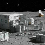 Astronautes de la NASA installant un module de recyclage sur la Lune avec la Terre en arrière-plan, projet Artemis anti-pollution.