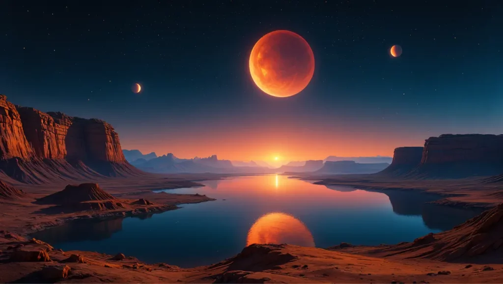Vue artistique d’un paysage spatial avec plusieurs lunes et un immense réservoir d’eau découvert par la NASA