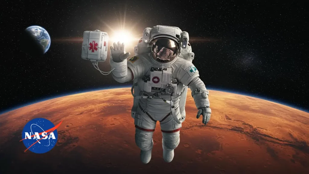 Un astronaute en combinaison spatiale flotte au-dessus de Mars avec un kit médical de la NASA.
