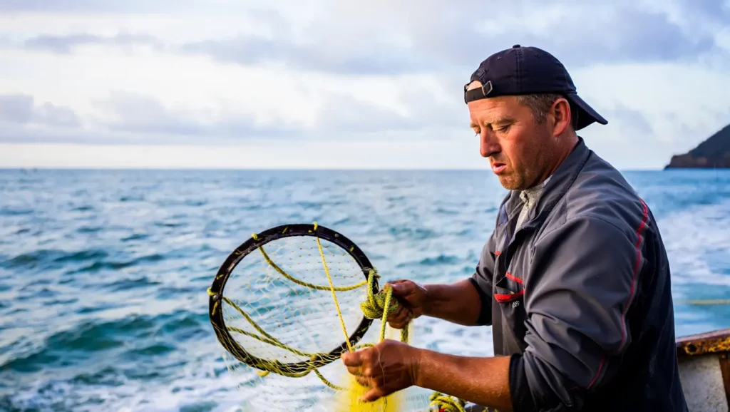 Un pêcheur relève ses filets en mer après avoir découvert un homard bleu électrique, une espèce extrêmement rare.