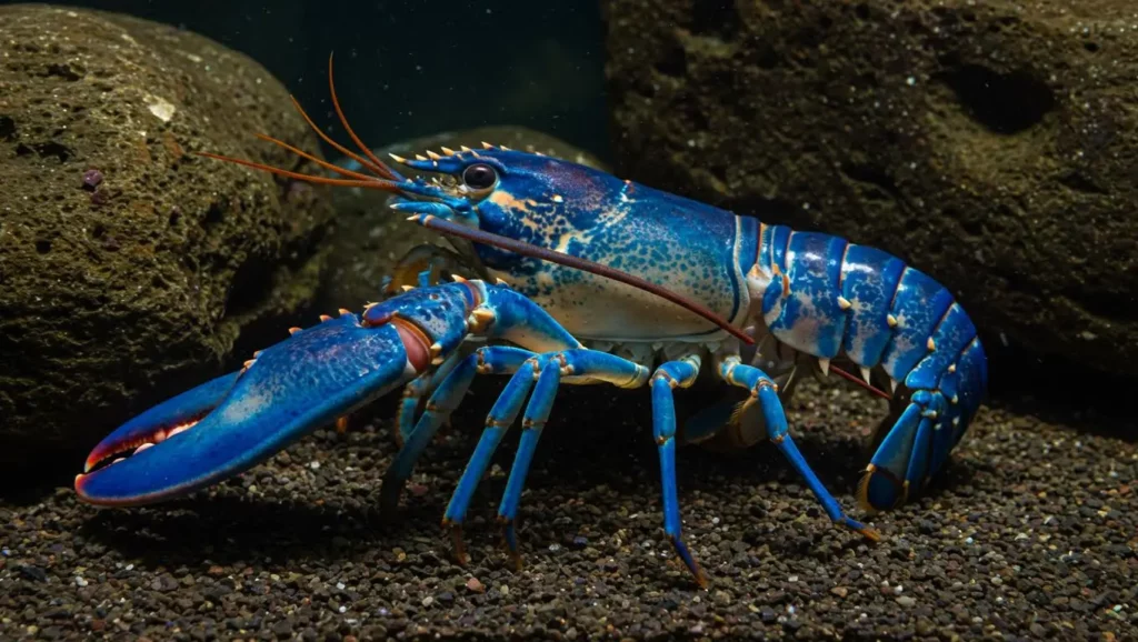 Un homard bleu électrique photographié dans un aquarium, aux couleurs uniques et vibrantes.