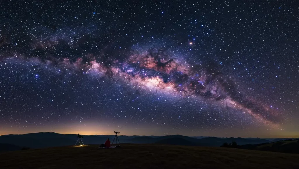 Observation du ciel nocturne sous la Voie lactée durant la Nouvelle Lune, avec télescopes installés sur une colline.