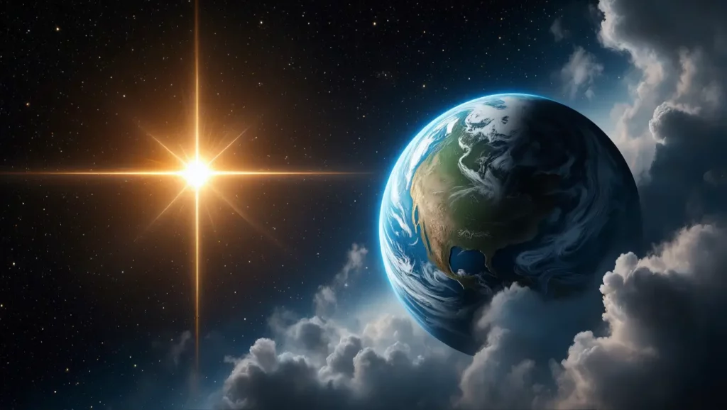 Vue artistique de la Terre et d’une étoile brillante dans l’espace, symbolisant la recherche de mondes habitables.