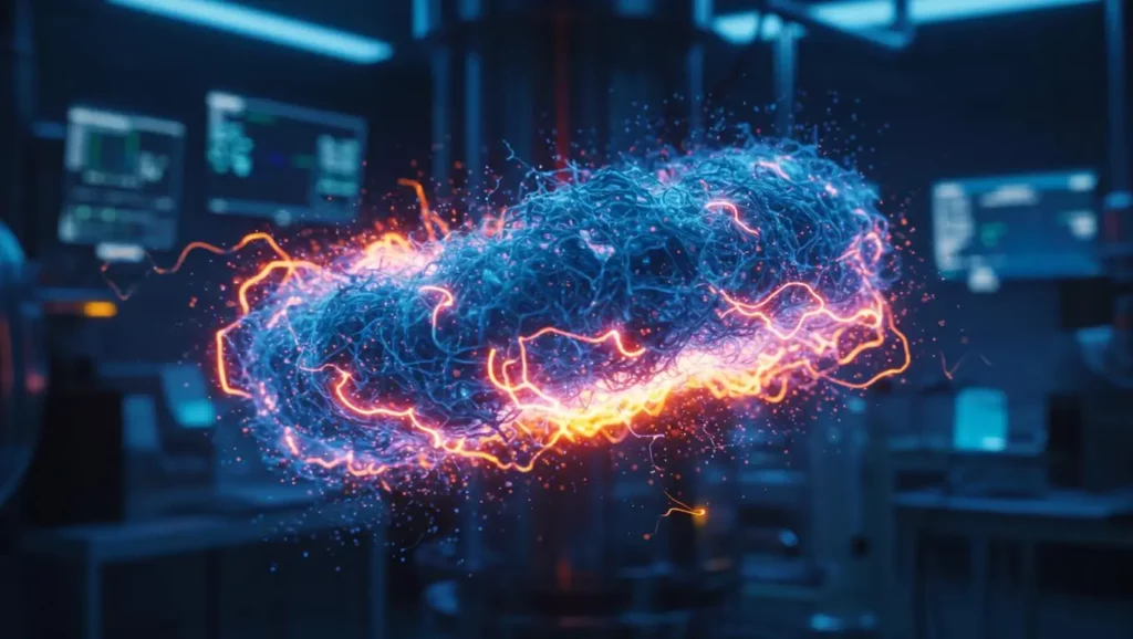 Nuage de plasma poussiéreux avec éclairs lumineux en laboratoire