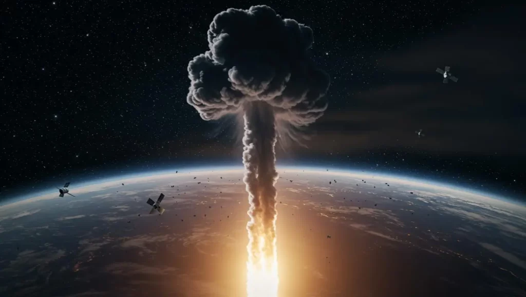 Nuage de pollution et débris spatiaux observés au-dessus de la Terre, conséquence des activités humaines en orbite.