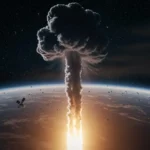 Nuage de pollution et débris spatiaux observés au-dessus de la Terre, conséquence des activités humaines en orbite.