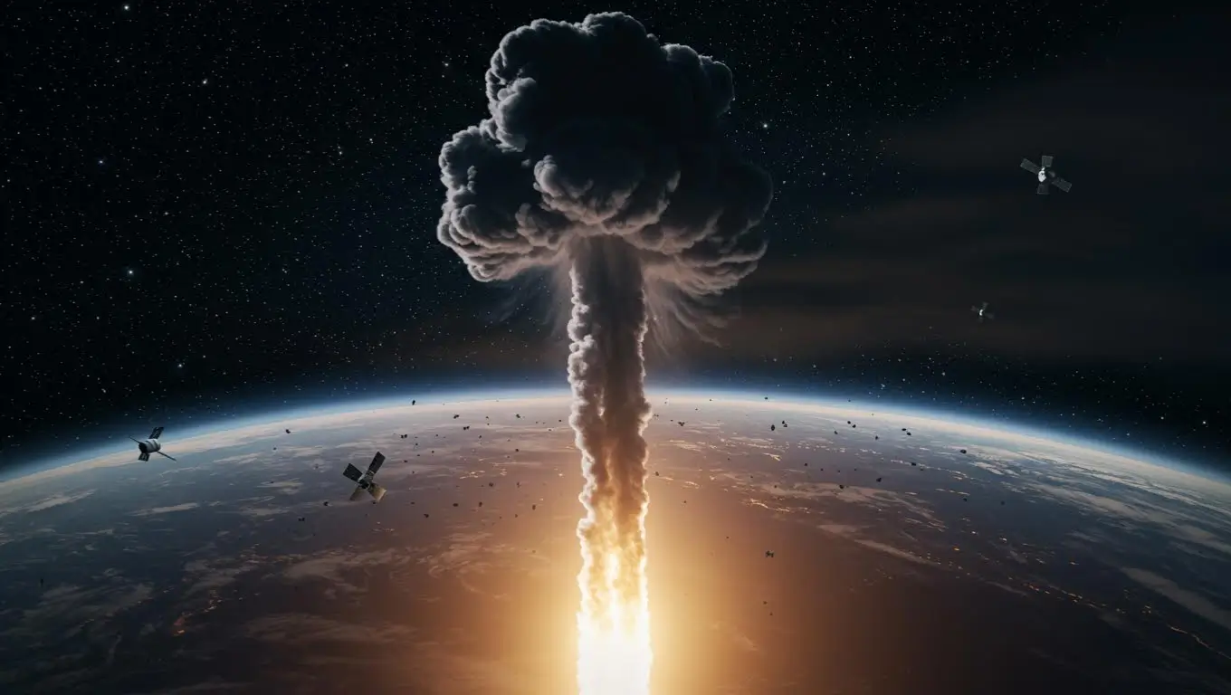 Nuage de pollution et débris spatiaux observés au-dessus de la Terre, conséquence des activités humaines en orbite.