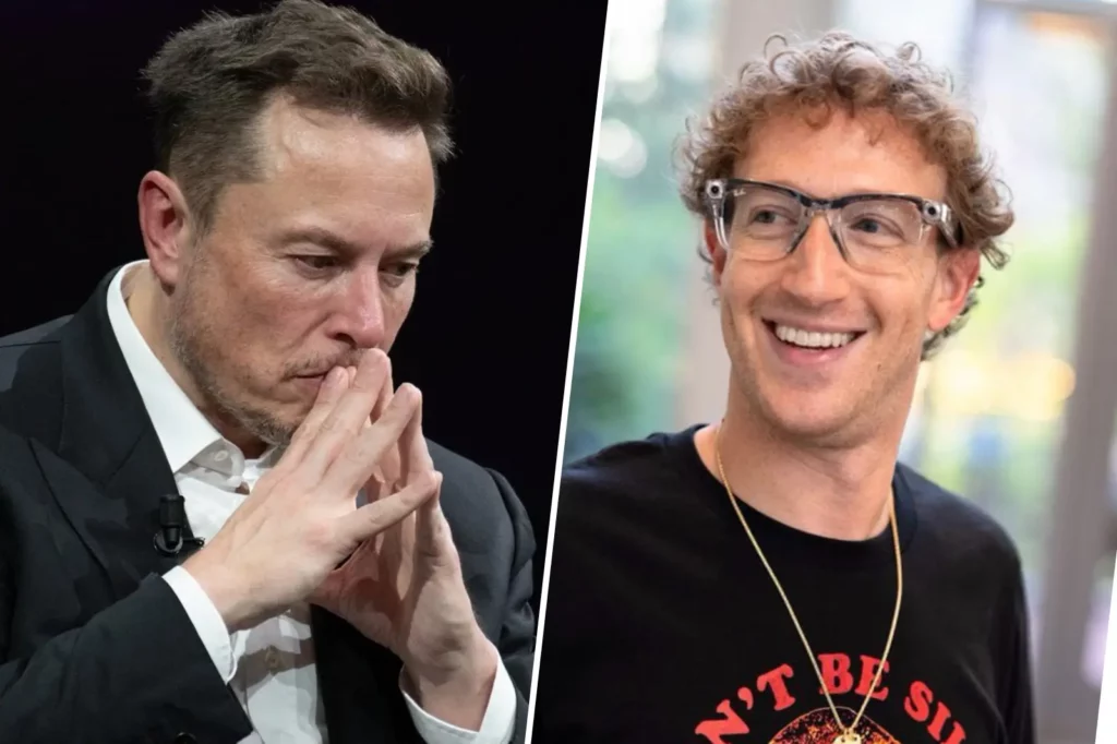 Elon Musk pensif et Mark Zuckerberg souriant, illustrant le refus de Zuckerberg face à la proposition d’alliance de Musk.