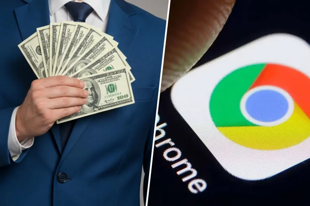 Montage illustrant une proposition de rachat de Google Chrome avec billets de banque et logo du navigateur.