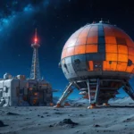 Base lunaire futuriste avec un réacteur nucléaire sphérique et des installations scientifiques