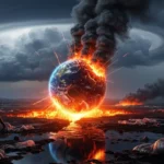 La planète Terre en feu au centre d’un paysage apocalyptique, symbolisant le réchauffement climatique