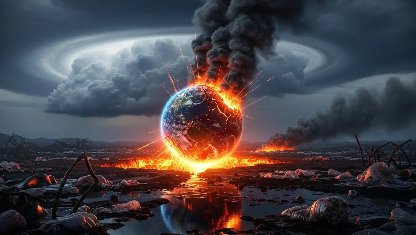 La planète Terre en feu au centre d’un paysage apocalyptique, symbolisant le réchauffement climatique