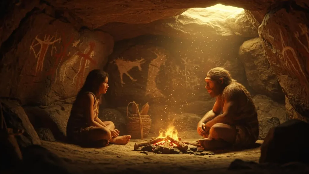 Illustration d’une rencontre préhistorique entre un Homo sapiens et un Néandertalien autour d’un feu de camp dans une grotte ornée de peintures rupestres.