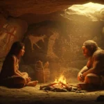 Illustration d’une rencontre préhistorique entre un Homo sapiens et un Néandertalien autour d’un feu de camp dans une grotte ornée de peintures rupestres.