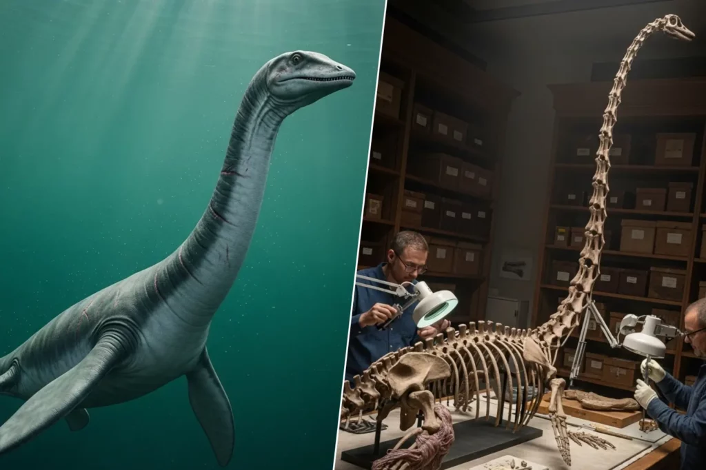 Reconstitution et squelette d’un plésiosaure à long cou étudié par des paléontologues