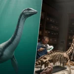 Reconstitution et squelette d’un plésiosaure à long cou étudié par des paléontologues