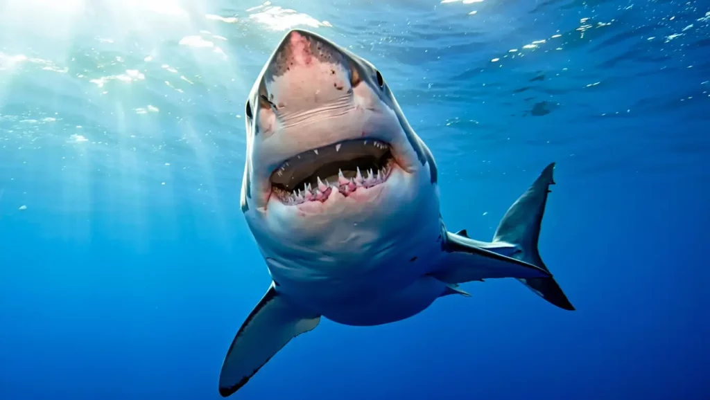 Grand requin blanc nageant en pleine mer, gueule ouverte, vu en gros plan sous l’eau