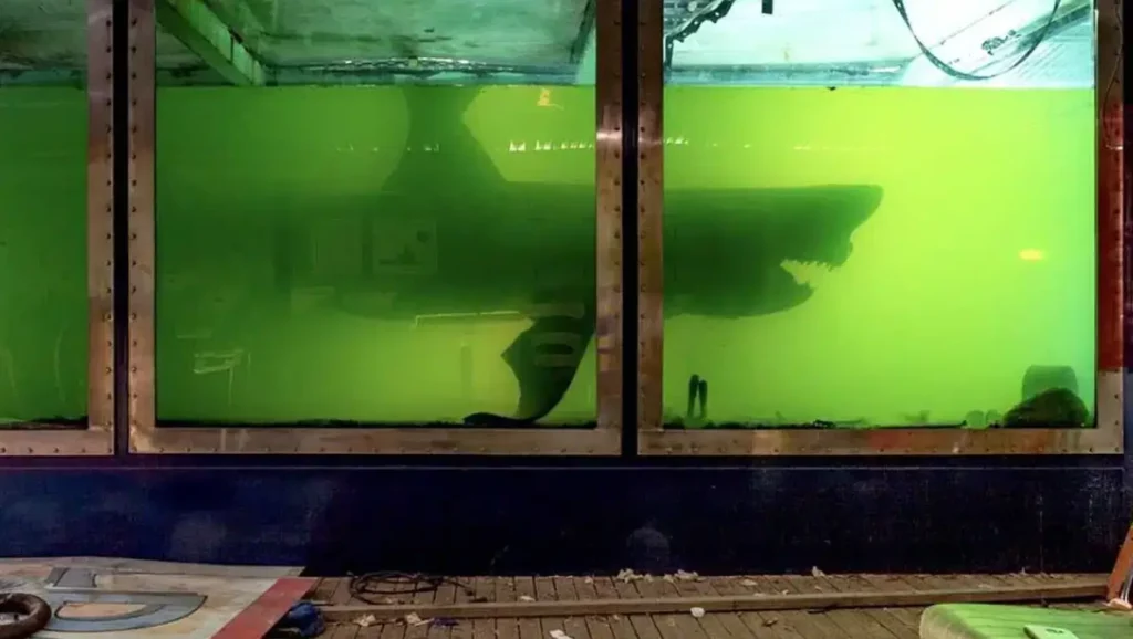 Rosie, le requin tigre conservé dans un réservoir de formol au Crystal World en Australie.