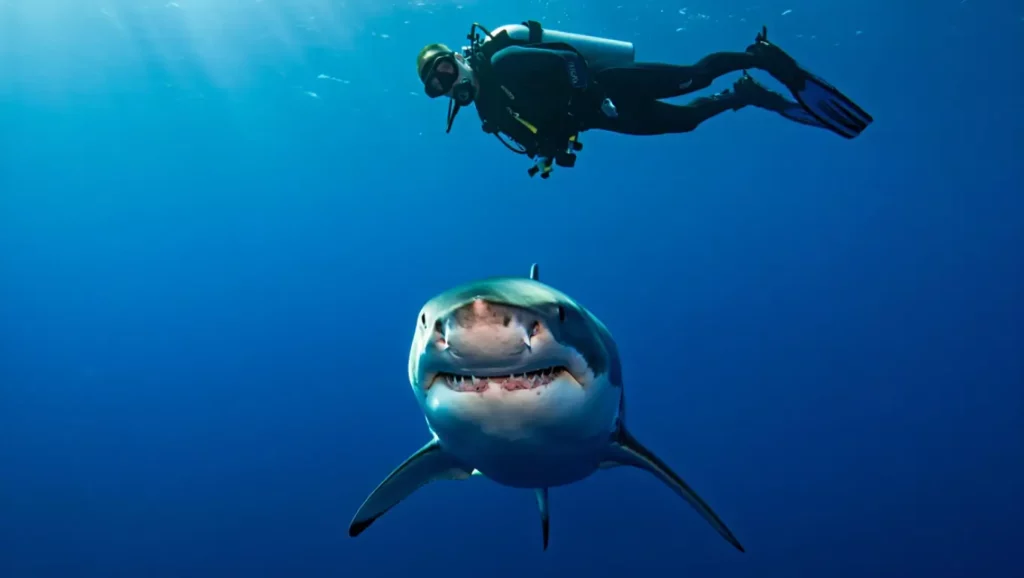 Un plongeur en combinaison observe un grand requin blanc nageant en pleine mer, capturé dans un face-à-face impressionnant.