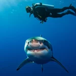 Un plongeur en combinaison observe un grand requin blanc nageant en pleine mer, capturé dans un face-à-face impressionnant.