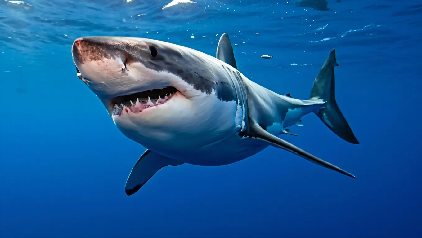 Grand requin blanc nageant dans l’océan avec ses dents visibles.