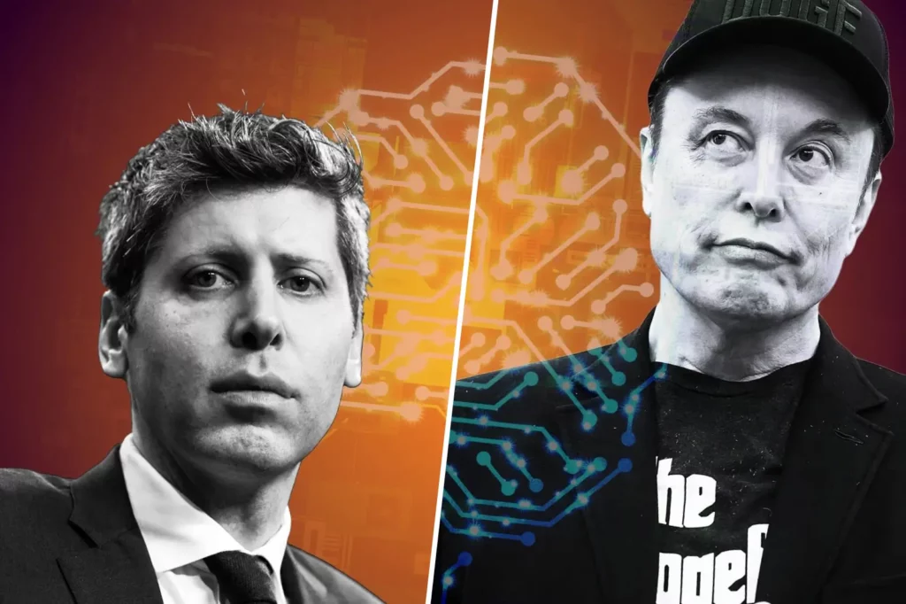 Montage montrant Sam Altman et Elon Musk sur fond de circuits neuronaux