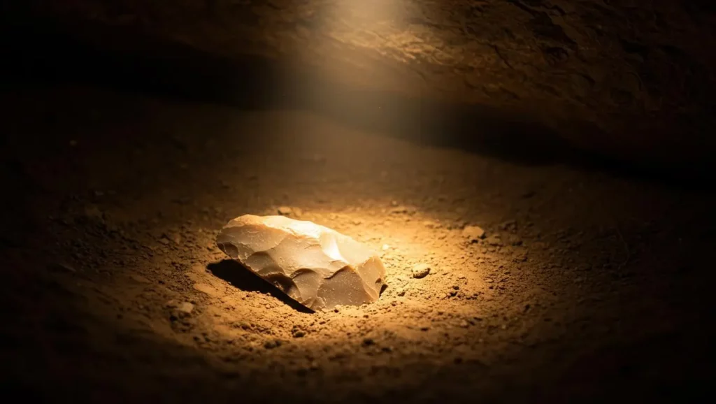 Outil en silex taillé mis en lumière dans une grotte, vestige de la culture néandertalienne.