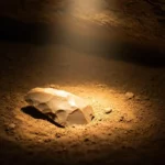 Outil en silex taillé mis en lumière dans une grotte, vestige de la culture néandertalienne.