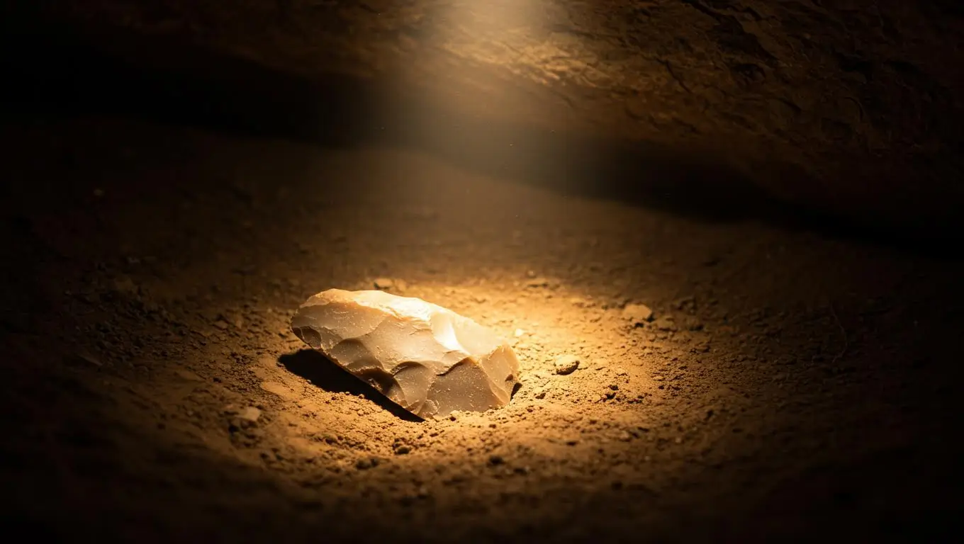 Outil en silex taillé mis en lumière dans une grotte, vestige de la culture néandertalienne.