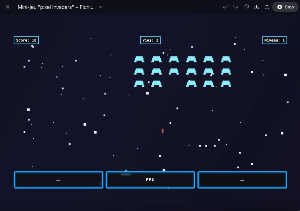Capture d’écran d’un mini-jeu pixel art inspiré de Space Invaders
