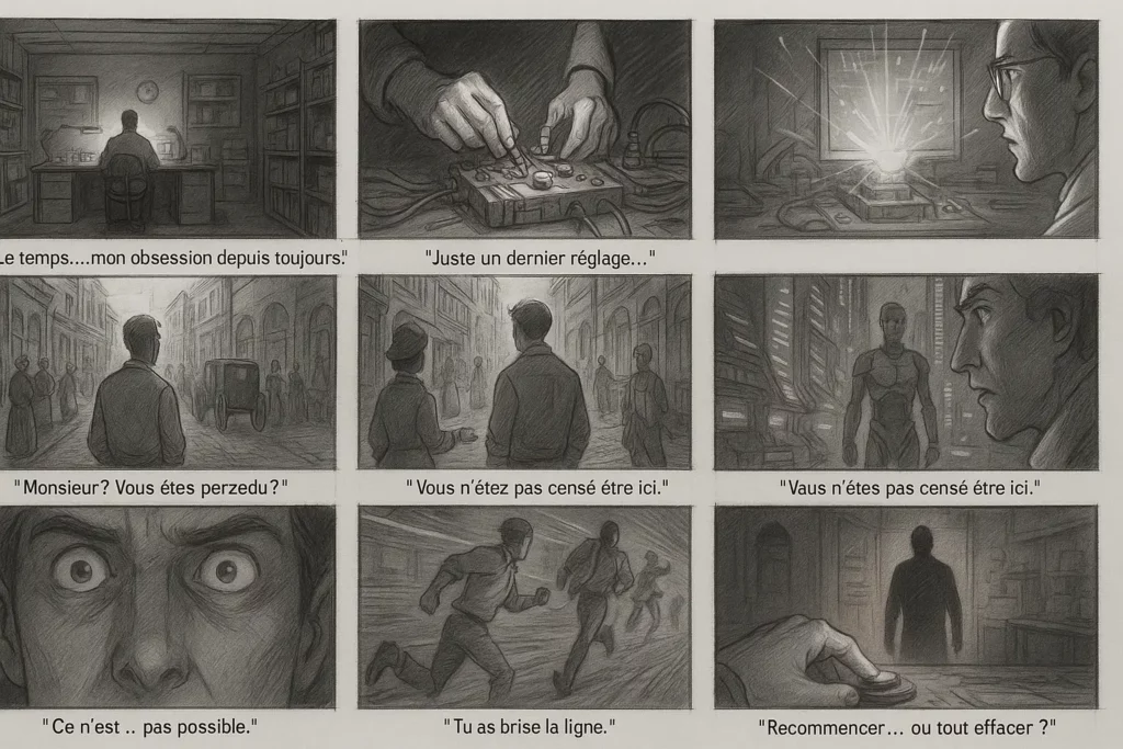 Storyboard en noir et blanc illustrant l’histoire d’un scientifique voyageant dans le temps et confronté à un dilemme final