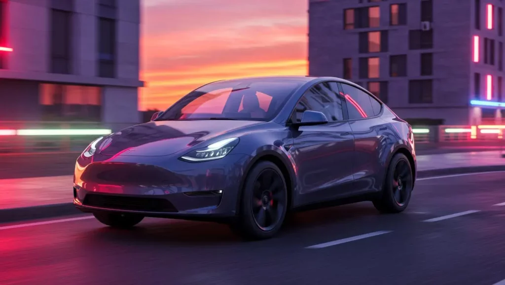 SUV Tesla gris de nouvelle génération roulant en ville au coucher du soleil